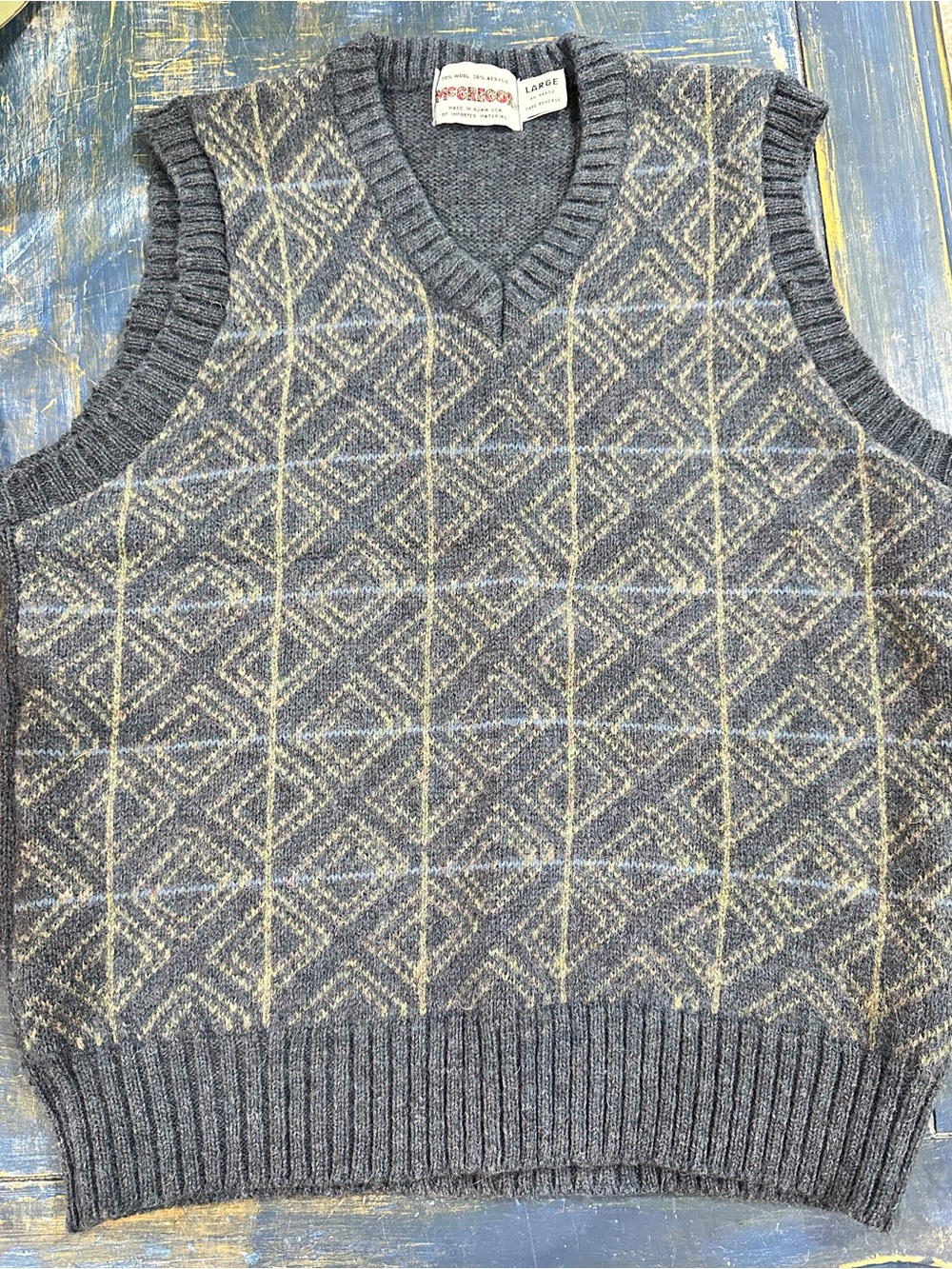 Vintage McGregor Sweater Vest Men Large Blue Wool Blend  V Neck Grandpa 90s